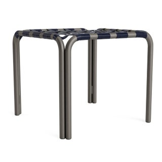 Brown Jordan Kantan Aluminum Stacking Stool/Occasional Table, Vinyl Lace, Mica frame with Marine fabric For Sale