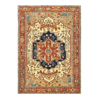 Persian Serapi Wool 7x11 Rust, Navy, Tan, & Ivory Handmade Area Rug #9902841 For Sale