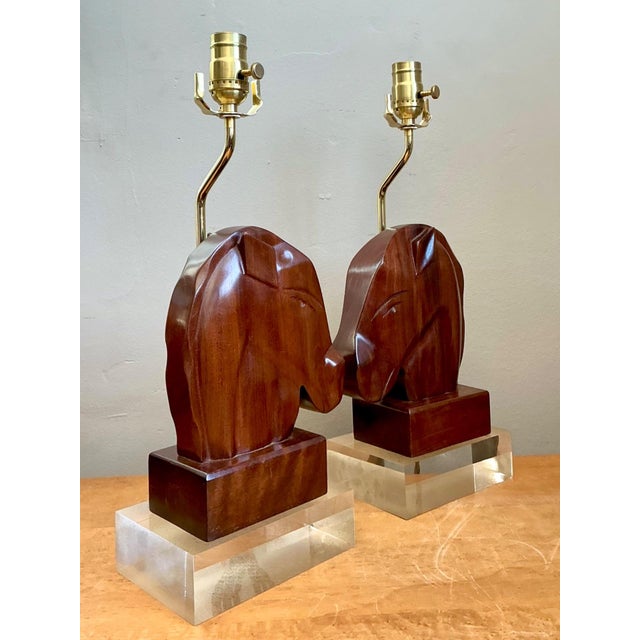 Vintage Carved Wood Horse Lamps on Lucite Base - A Pair For Sale - Image 15 of 17