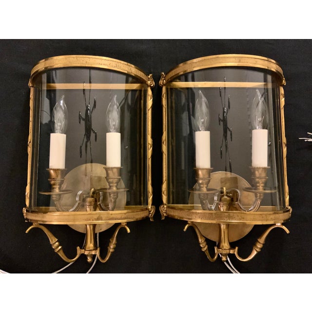 French Convex Bronze Half Round Lantern Wall Sconce (2) Reed & Ribbon details. Rare half round sconce. Made in France. 13"...