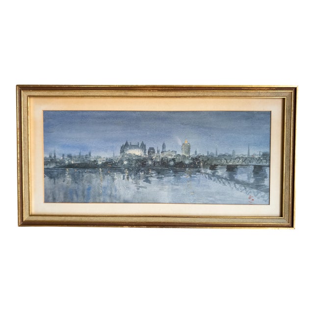Mid-Century Night Landscape of Fantasy Albany New York Skyline For Sale