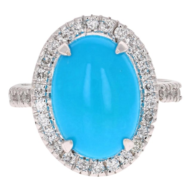 5.26 Carat Oval Cut Turquoise Diamond White Gold Fashion Ring, Size 7 For Sale