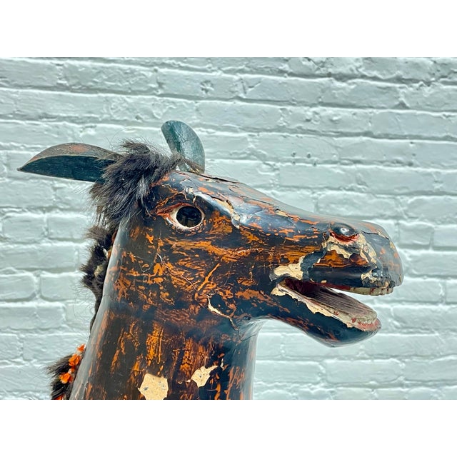 Wood Antique European Hand Carved Wooden Horse Folk Art Sculpture on Wheeled Base For Sale - Image 7 of 13