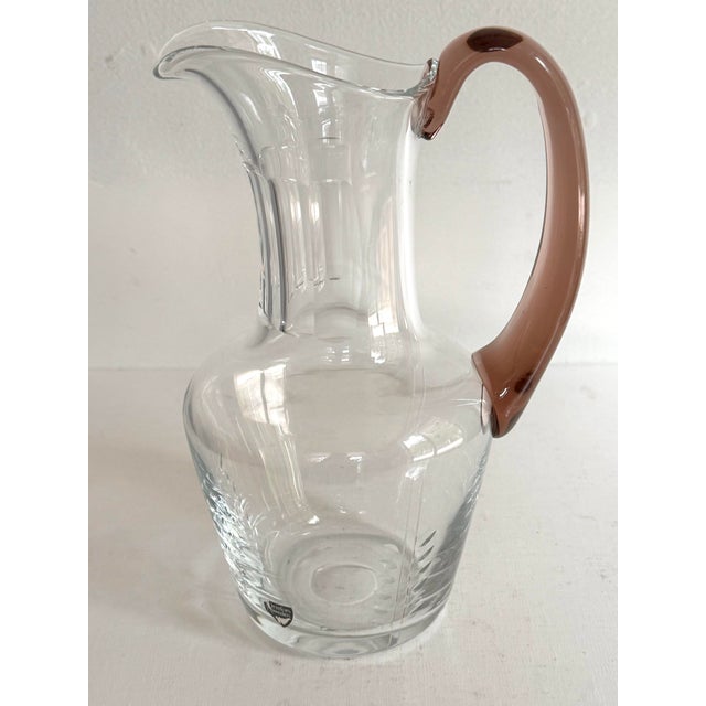 Vintage Orrefors Sweden Glass Pitcher With Pink Handle For Sale - Image 6 of 10