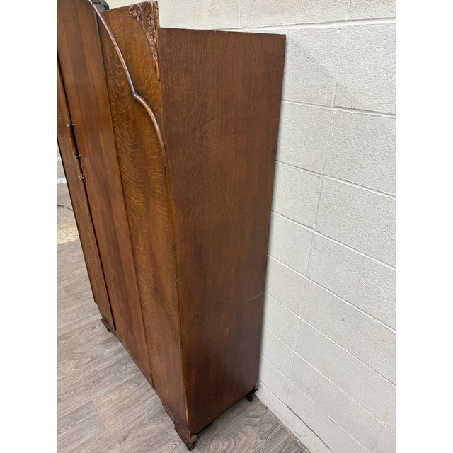 Vintage English Art Deco Quarter Sawn Tiger Oak Wardrobe For Sale - Image 13 of 15