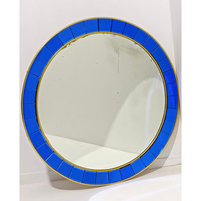 Vintage Italian Circular Wall Mirror in Blue Crystal and Brass from Cristal Art, 1950s For Sale - Image 11 of 13