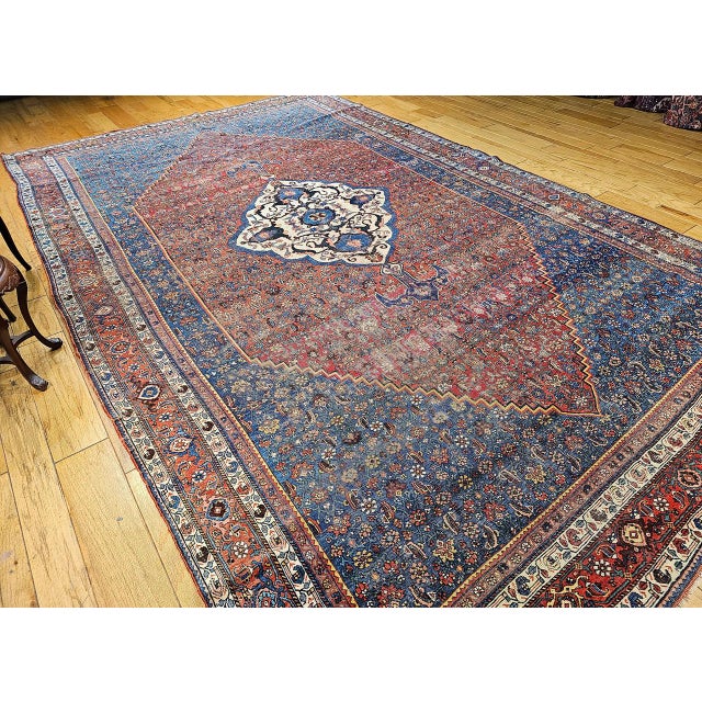 Blue Vintage Oversized Persian Bidjar Rug, Hand-Knotted Wool, Geometric Pattern, Blue & Red,10x15 For Sale - Image 8 of 16