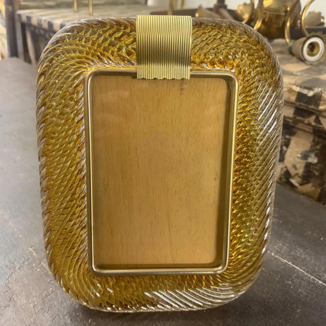 1990s Barovier Style Art Deco Amber Murano Glass and Brass Picture Frame For Sale - Image 12 of 13