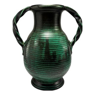 Large Art Deco Green Glazed Ceramic Twin-Handled Vase from Upsala Ekeby, Sweden, 1930s For Sale