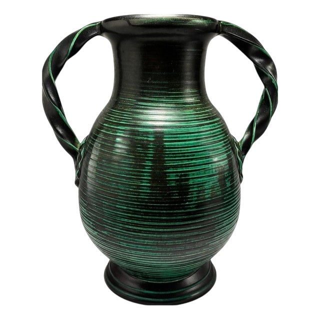Large Art Deco Green Glazed Ceramic Twin-Handled Vase from Upsala Ekeby, Sweden, 1930s For Sale