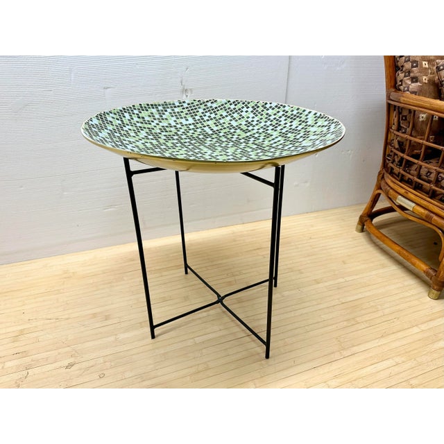Extra large brushed aluminium bowl lined with a green, gold and black mosaic tile with separate black iron stand. Ideal...