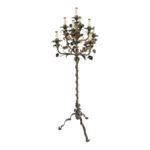 Candelabra Forged Golt Gilt Metal Flowers & Leafs Motive Italian Floor Lamp NICE