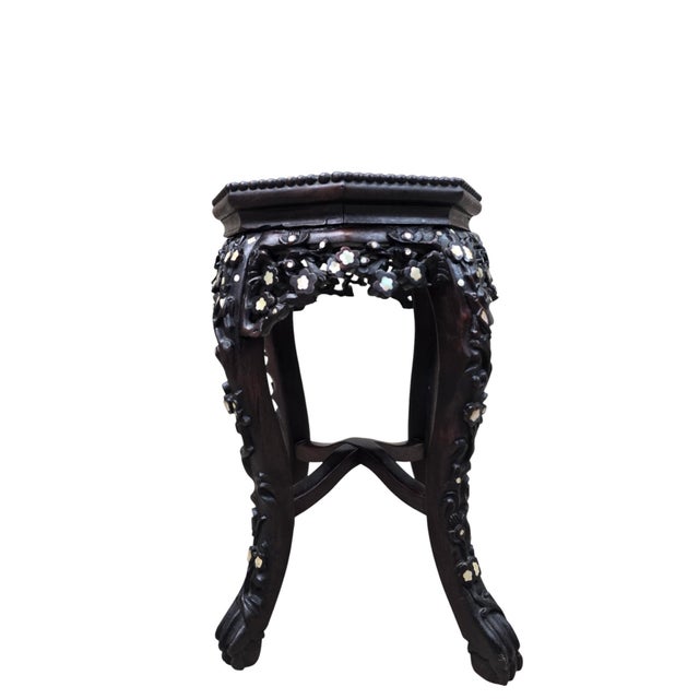 Early 20th Century Antique Chinese Carved Side Table With Mother-of-Pearl Inlay For Sale - Image 5 of 7