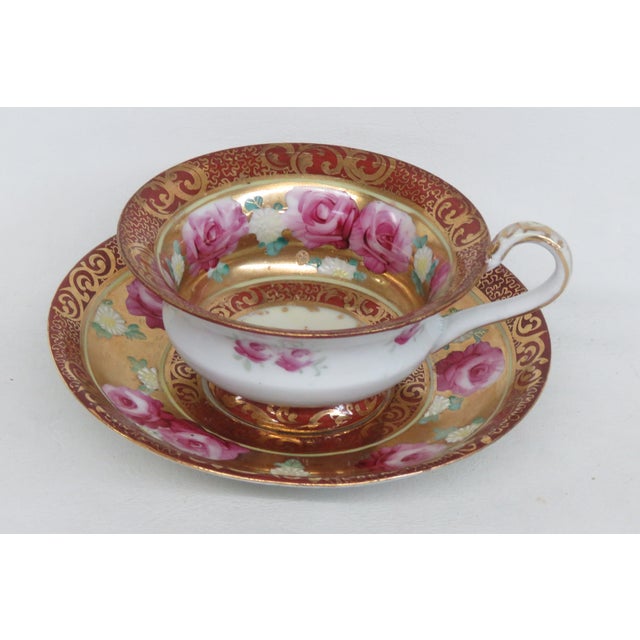 Japanese Mogi Momonoi Gold Burgundy Bone China Flower Tea Cup & Saucer Set 4653b For Sale - Image 3 of 18
