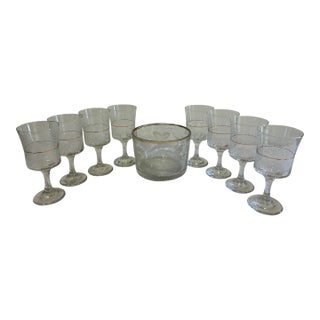 Vintage Bartlett Collins Etched Glass Goblets & Ice Bucket Set – 9 Pieces For Sale