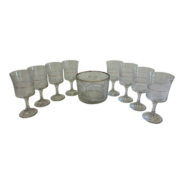 Vintage Bartlett Collins Etched Glass Goblets & Ice Bucket Set – 9 Pieces For Sale