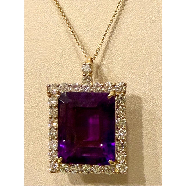 58 Ct Emerald Cut Amethyst & 7 Ct Diamond Pendant Necklace 14KY Gold + Chain For Sale - Image 11 of 18