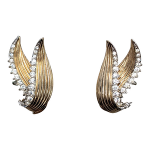 Vintage 1950s Signed Boucher Goldtone Clear Rhinestones Clip Earrings-2 Pieces