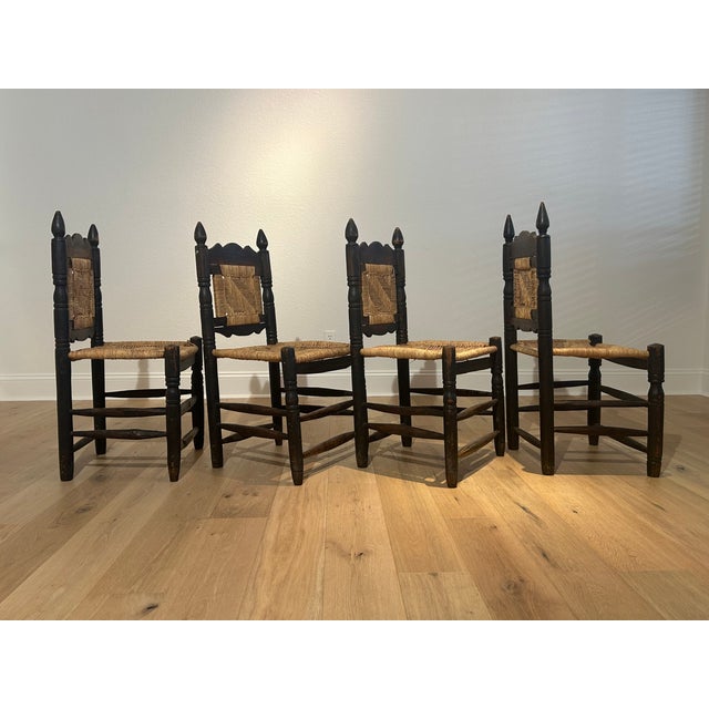 4 Vintage Mexican Wood & Woven Rush Seat Chairs For Sale - Image 4 of 10