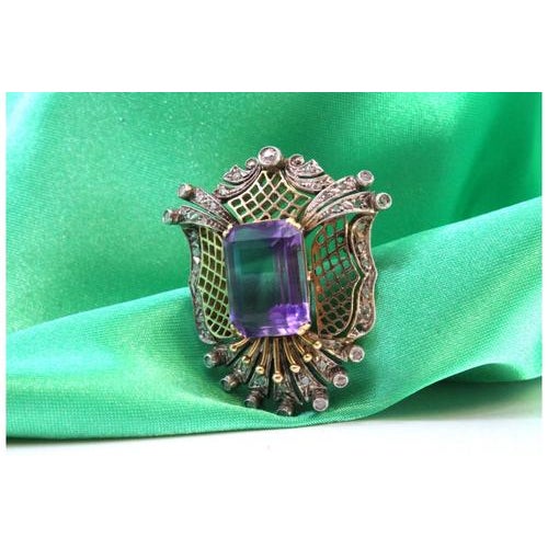 Gold and Silver Brooch with Diamond Chips and Amethyst Cut For Sale - Image 6 of 8