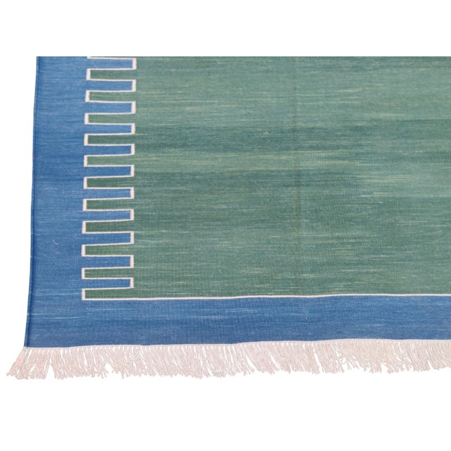 Textile Handmade Green and Blue Geometric Cotton Rug. For Sale - Image 7 of 11