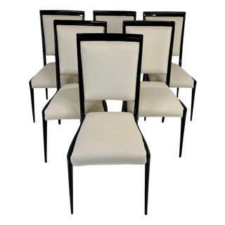 Vintage Italian Chairs in Black Lacquered and Cream Velvet by Vittorio Dassi, 1950s, Set of 6 For Sale