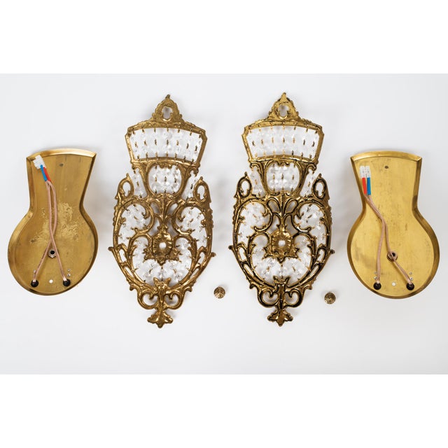 1960s Spanish Neoclassical Brass & Crystal Basket Wall Sconces - A Pair For Sale - Image 6 of 7