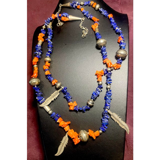 Mid 20th Century Vintage Navajo Native American Style, Lapis and Coral Shell Necklace, Sterling Silver Hollowed Body ‘Navajo Pearls’ and Silver Feathered Accents. For Sale - Image 5 of 7