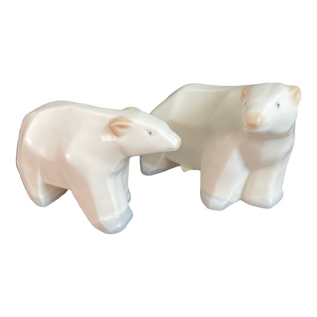 Mid Century Modern Porcelain Polar Bear Mom & Cub Figurines - A Pair For Sale