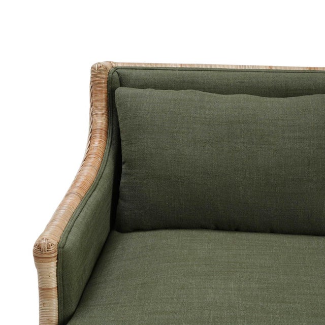 Wood Coastal Rattan Settee With Moss Green Upholstery For Sale - Image 7 of 10