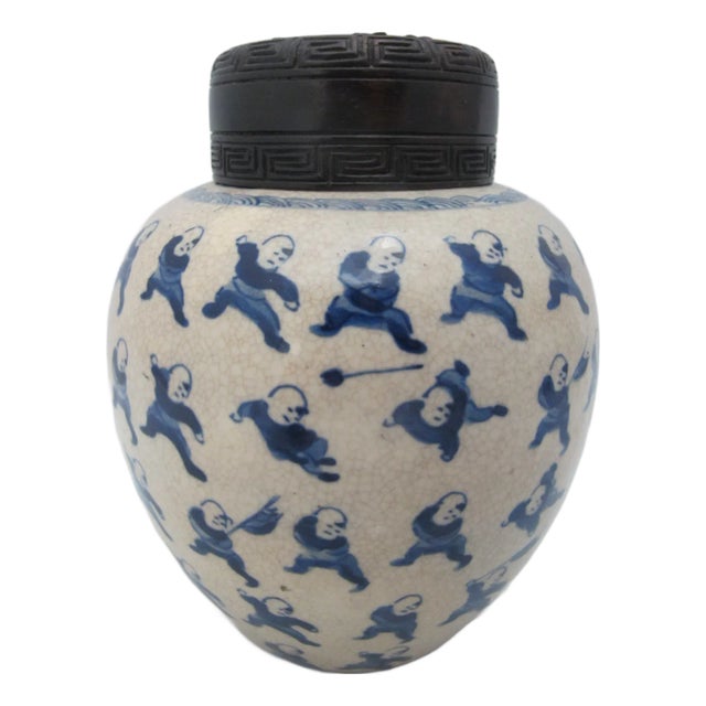 Chinese Qing 100 Boys Blue Porcelain Ginger Jar Snuff Bottle W/Carved Wood Lid For Sale