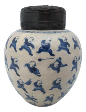 Chinese Qing 100 Boys Blue Porcelain Ginger Jar Snuff Bottle W/Carved Wood Lid