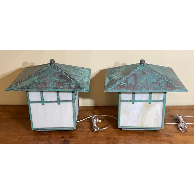 Stunning Pair of Artisan Copper & Slag Glass Mission/Arts & Crafts Table Lamps For Sale - Image 12 of 18