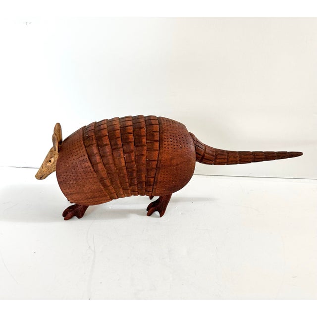 Wood Vintage Hand-Carved Wooden Armadillo Sculpture – Signed Folk Art Figure 1991 – Articulated Accordion Body For Sale - Image 7 of 12
