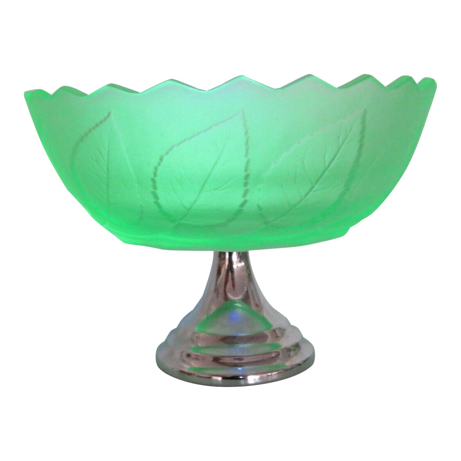 Uranium Glass Frosted Footed Pedestal Compote Fruit Bowl Candy Dish