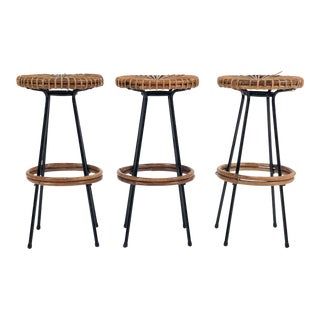 1950s Danish Modern Caned Bar Stools - Set of 3 For Sale