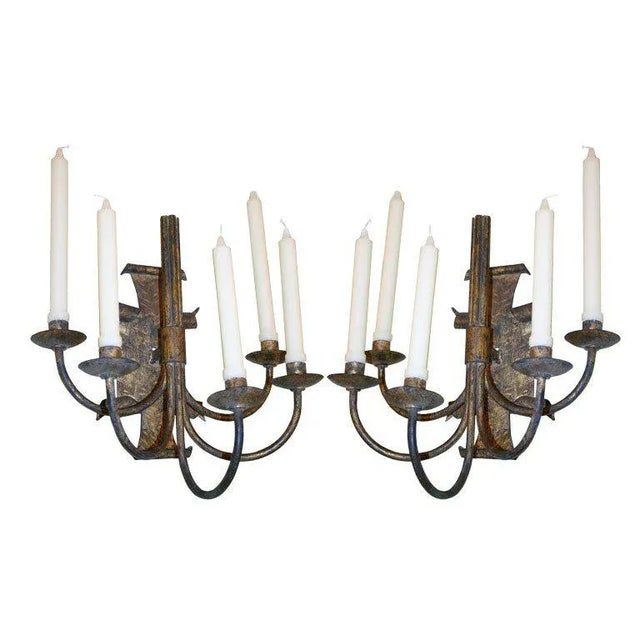 Gold Pair of Spanish Mid-Century Gilt Metal Five-Arm Candle Sconces, 1950s For Sale - Image 8 of 8