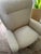 Oversize desk chair. Very comfortable. Beautiful shape, fabric and base. Boucle off white fabric, wood legs with wheels....