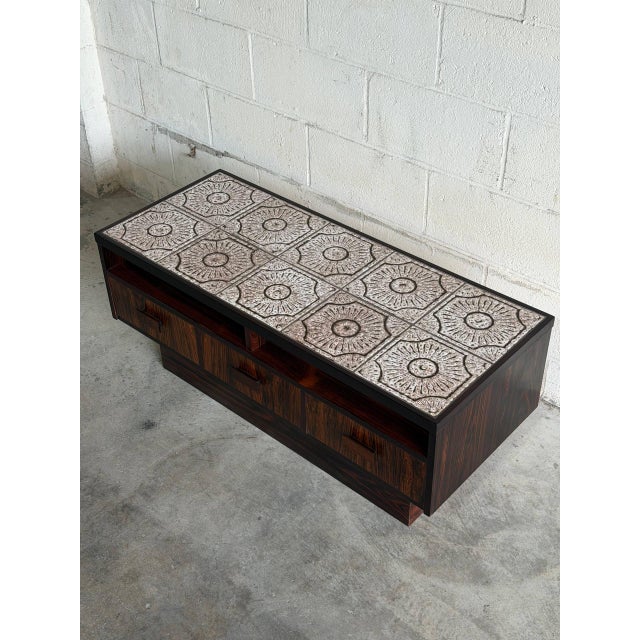 Rosewood Low Three Drawer Chest With Tile Top Media Stand Coffee Table Denmark 1960s For Sale In Los Angeles - Image 6 of 10