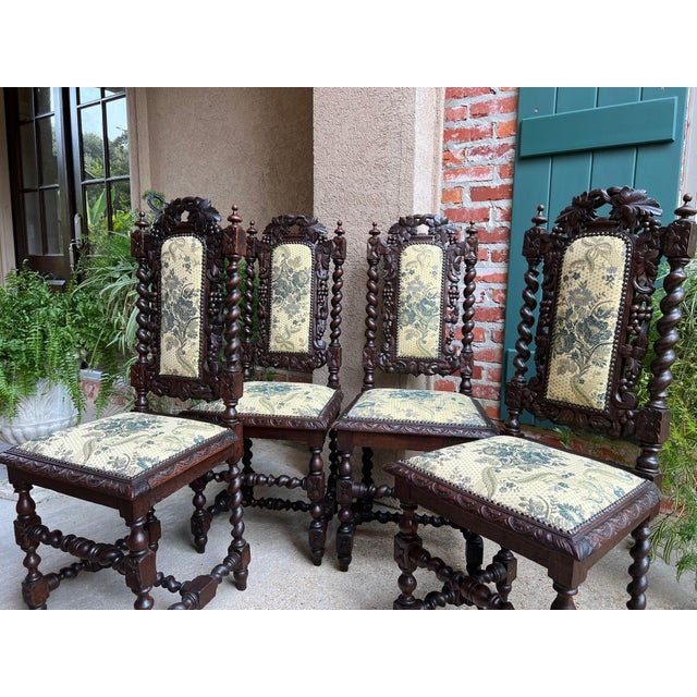 Set 4 Antique French Dining Chairs Barley Twist Renaissance Carved Oak Green 1900 For Sale - Image 4 of 18