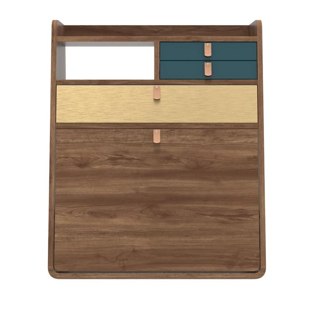 Contemporary Petrol Blue Drawers Gaston Floating Writing Desk in Natural Walnut by Harto For Sale - Image 3 of 5