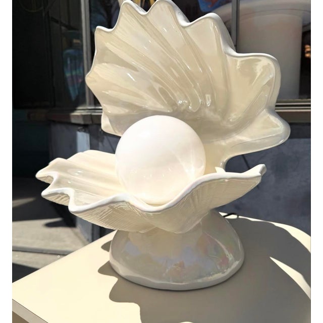 Ceramic 1980s Mid-Century Modern Oyster Shell Lamp Pair: Clam Shell: Sea Shell Lamp Art Deco For Sale - Image 7 of 9