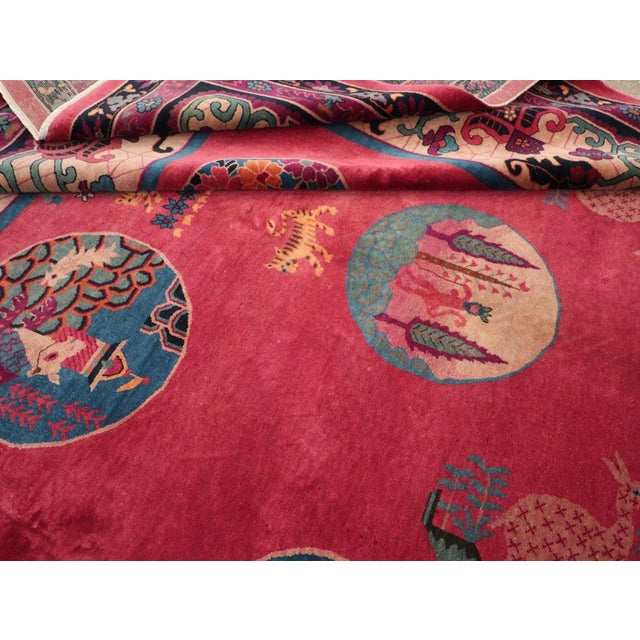 Raspberry Red Galerie Shabab Collection Mid-20th Century Handmade Chinese Pictorial Art Deco Room Size Carpet For Sale - Image 8 of 8