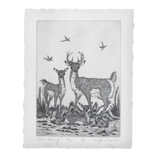 Mid 20th Century Woody Crumbo Deer Family Etching For Sale