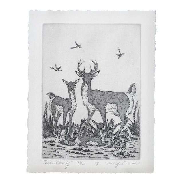 Mid 20th Century Woody Crumbo Deer Family Etching For Sale