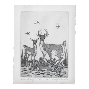 Mid 20th Century Woody Crumbo Deer Family Etching