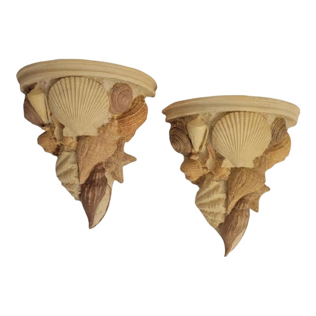 Vintage Coastal Regency Seashell Form Off White Tan Wall Brackets Sconces- a Pair For Sale