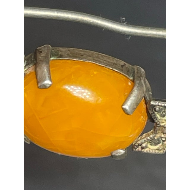 1920s Baltic Amber Butterscotch Egg Yolk Cabochon Brooch, Antique Art Deco With Marcasite For Sale - Image 4 of 6
