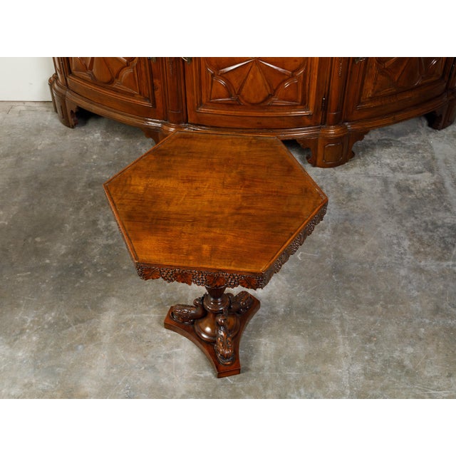 Wood English 19th Century Walnut Pedestal Side Table with Carved Grapes and Dolphins For Sale - Image 7 of 10