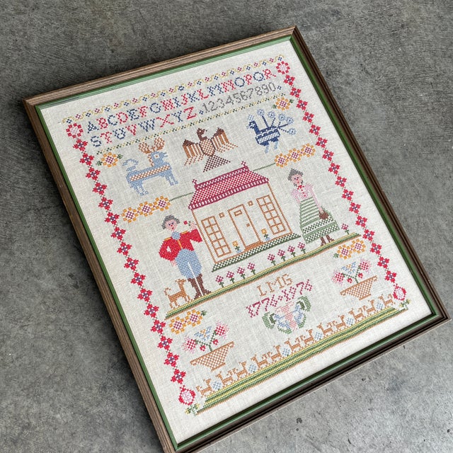 1976 Vintage Framed Needlepoint Sampler Depicting and Martha